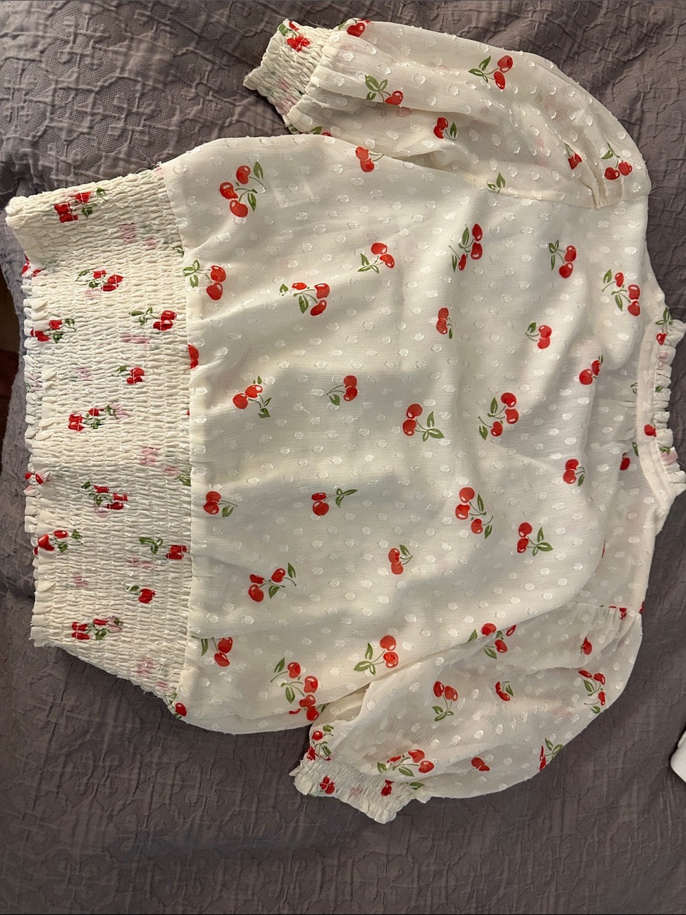 Cream Cherry Print Peasant Blouse Medium - Picture 4 of 4